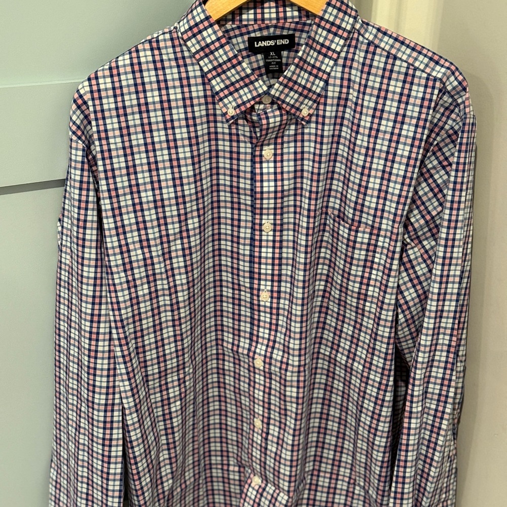 Lands' End Men's Plaid Button Down Shirt - Blue and Red